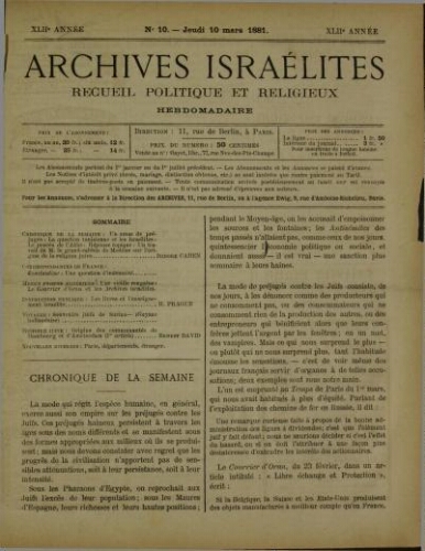 Archives israélites de France. Vol.42 N°10 (10 mars 1881)